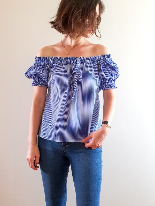 Polaris top in a blue striped cotton shirting