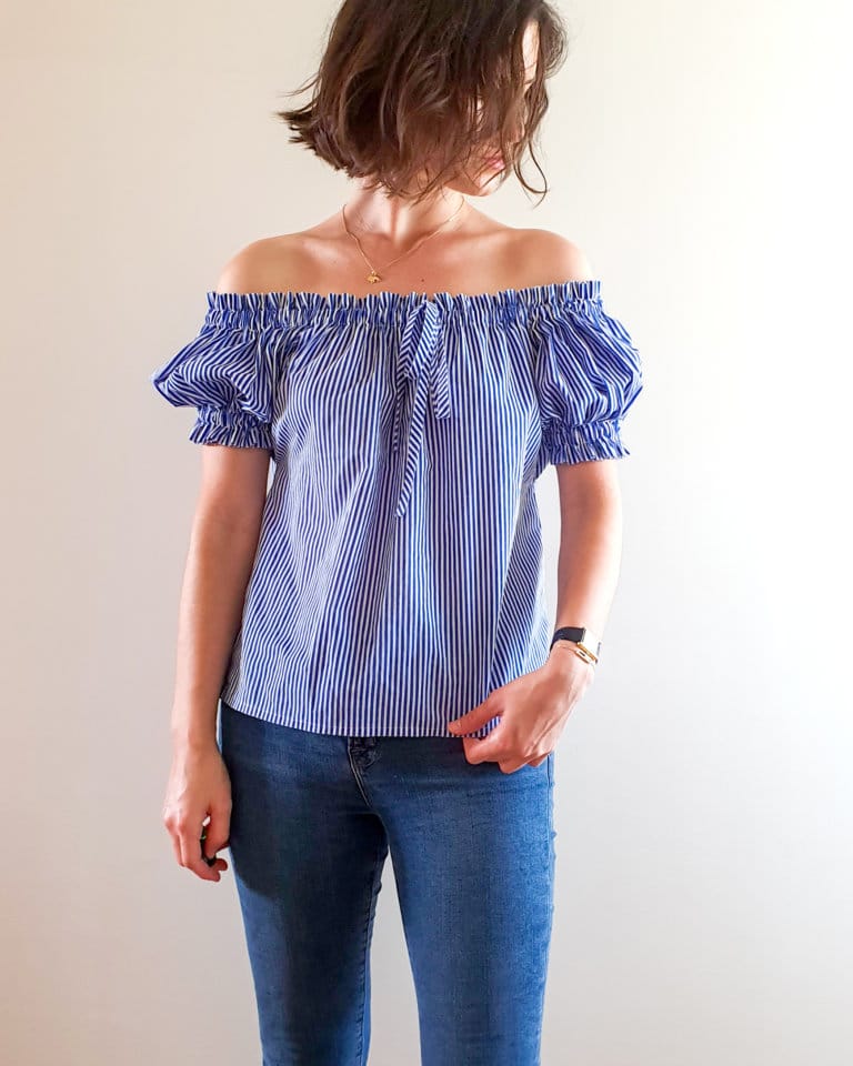 Polaris top in a blue striped cotton shirting