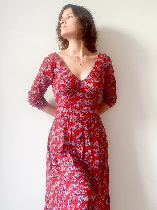 The Lune maxi dress sewing pattern is shown here with long sleeves, in a viscose crepe with lurex details.