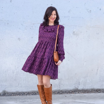 Leo babydoll dress pattern in a purple print viscose