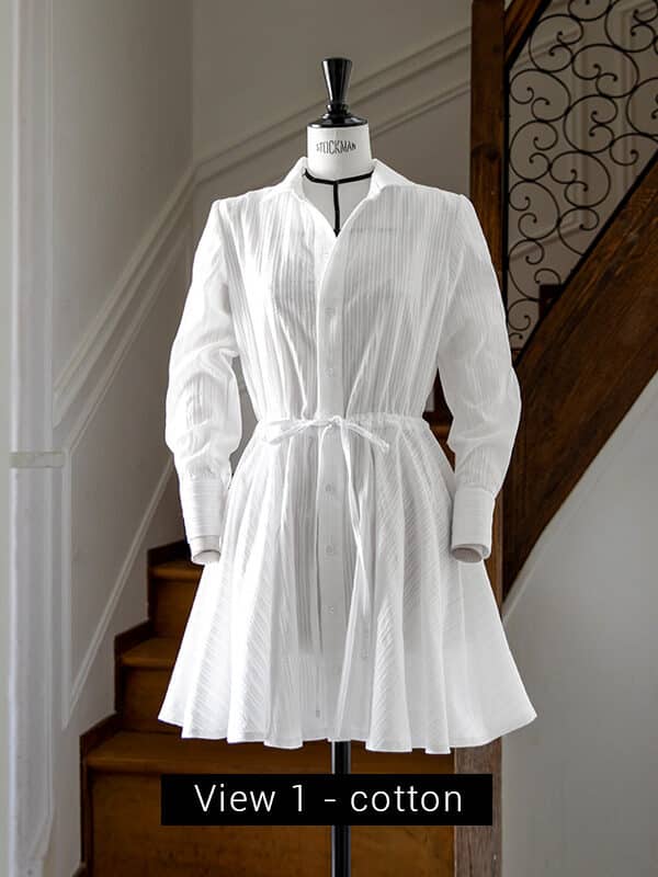 Stella dress sewing pattern view 1 shown here in a light cotton