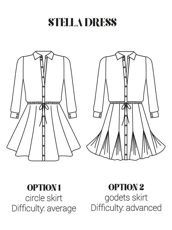 This drawing shows both views of the Stella dress: circle skirt or godets skirt. It is a shirt dress in a short length and both views have very flared skirt and gathered waist.